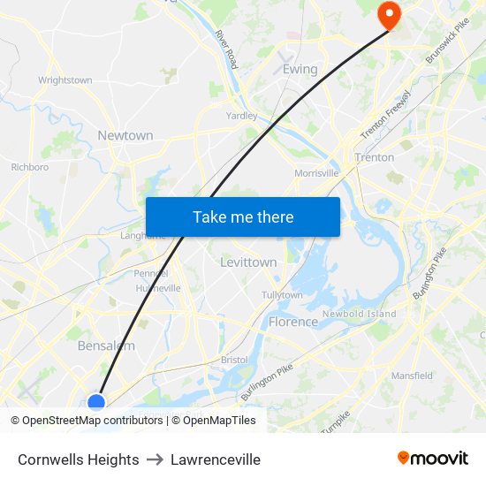 Cornwells Heights to Lawrenceville map