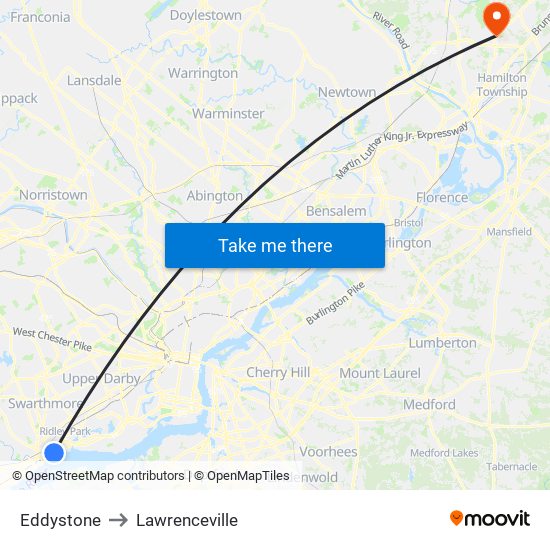 Eddystone to Lawrenceville map