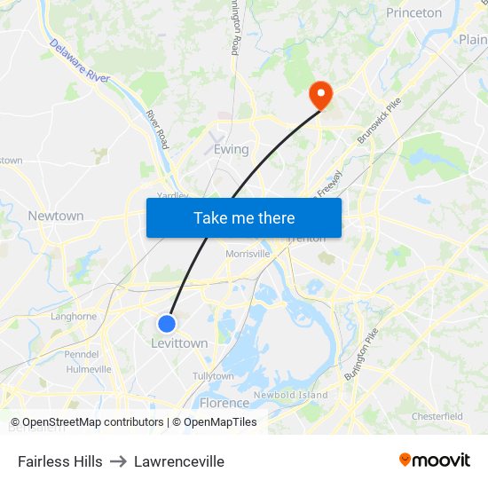 Fairless Hills to Lawrenceville map