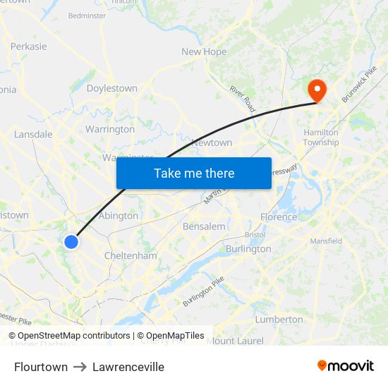 Flourtown to Lawrenceville map