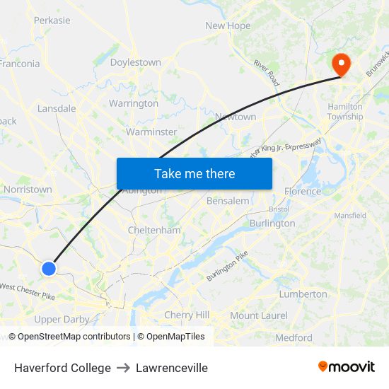 Haverford College to Lawrenceville map