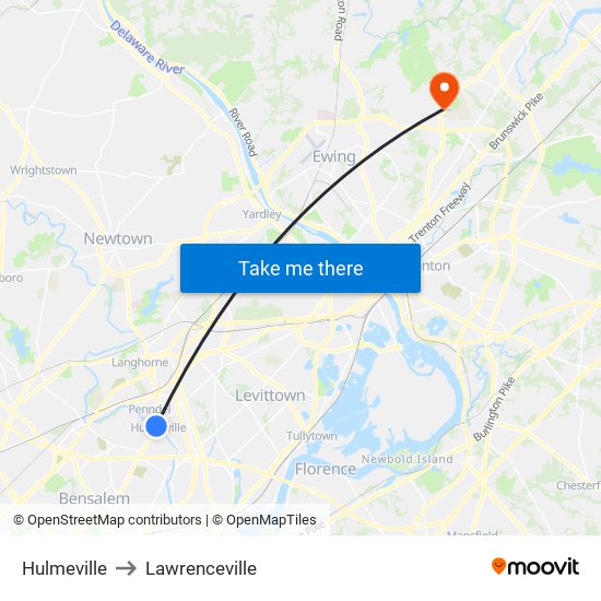 Hulmeville to Lawrenceville map