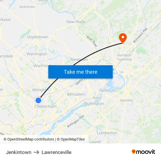 Jenkintown to Lawrenceville map