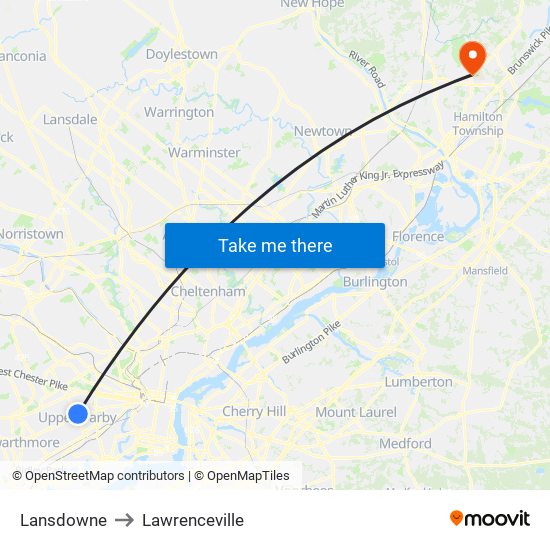 Lansdowne to Lawrenceville map