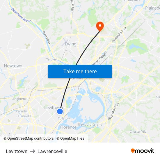 Levittown to Lawrenceville map