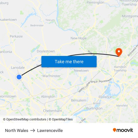 North Wales to Lawrenceville map