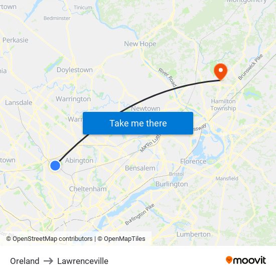 Oreland to Lawrenceville map