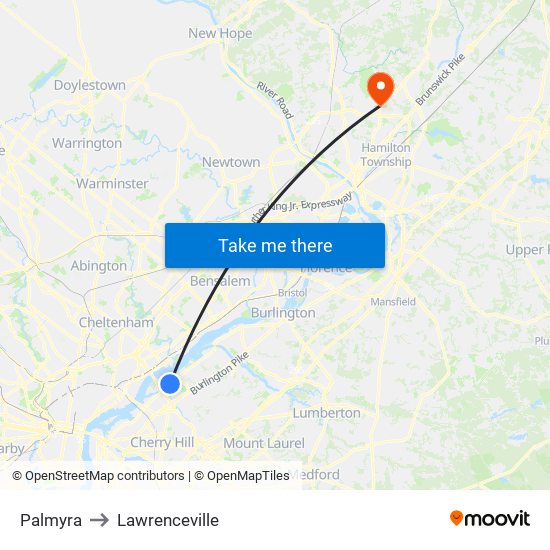 Palmyra to Lawrenceville map