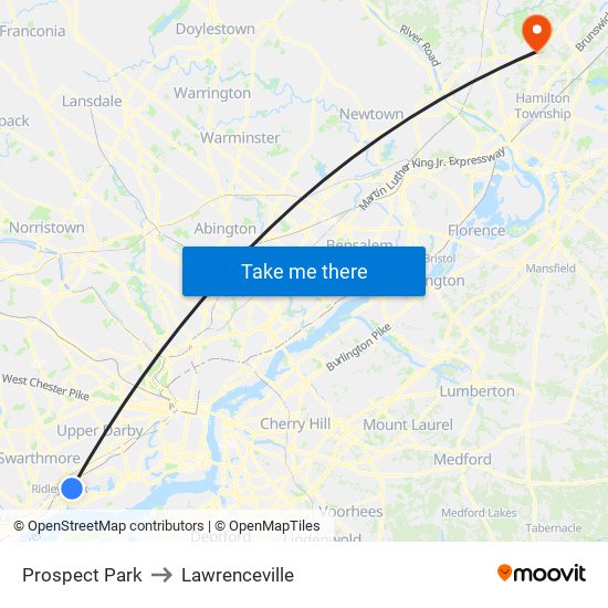 Prospect Park to Lawrenceville map