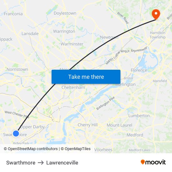 Swarthmore to Lawrenceville map