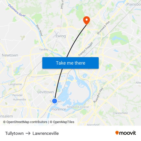 Tullytown to Lawrenceville map