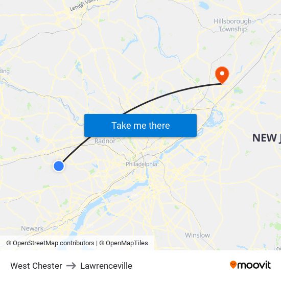 West Chester to Lawrenceville map