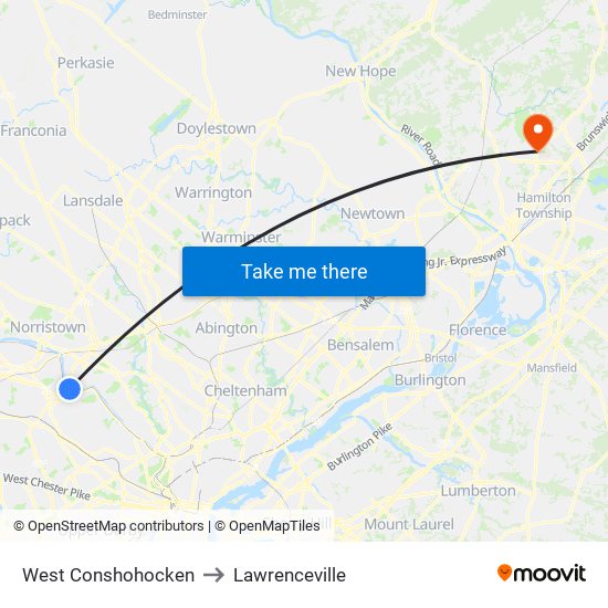 West Conshohocken to Lawrenceville map