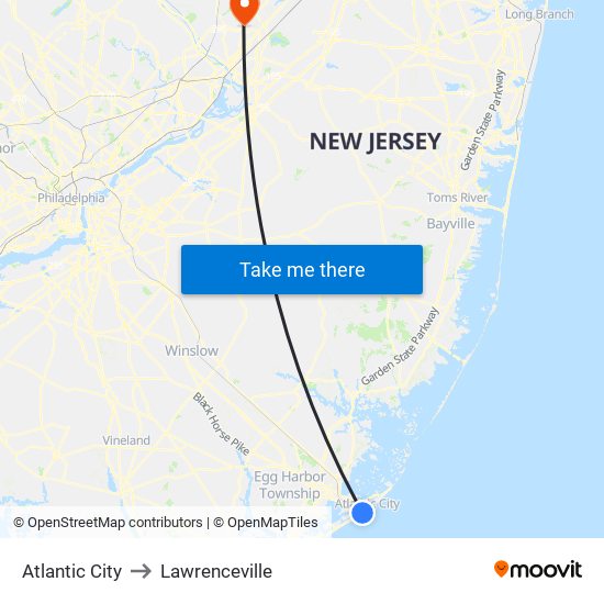 Atlantic City to Lawrenceville map