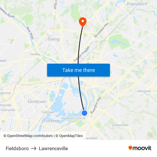 Fieldsboro to Lawrenceville map