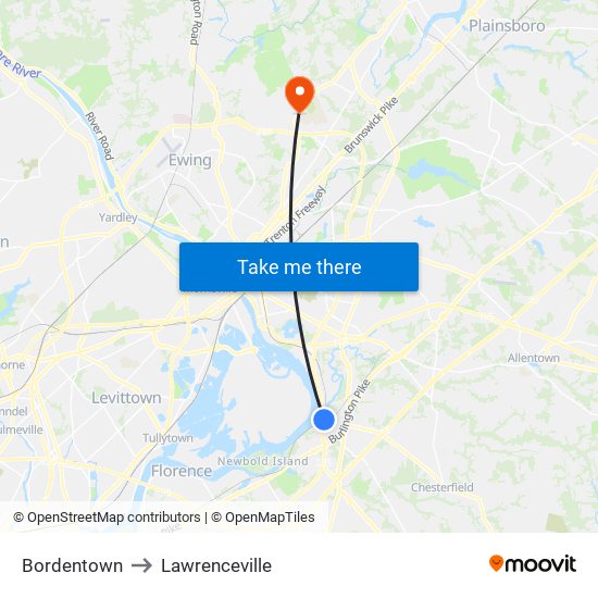 Bordentown to Lawrenceville map