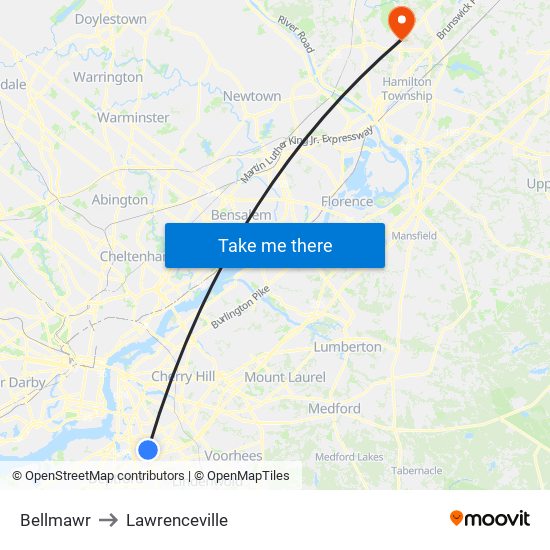Bellmawr to Lawrenceville map