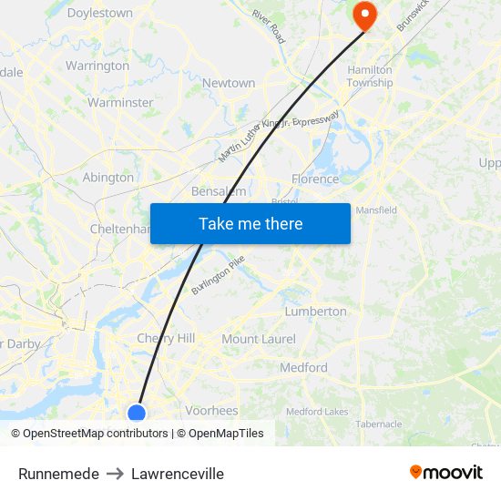 Runnemede to Lawrenceville map