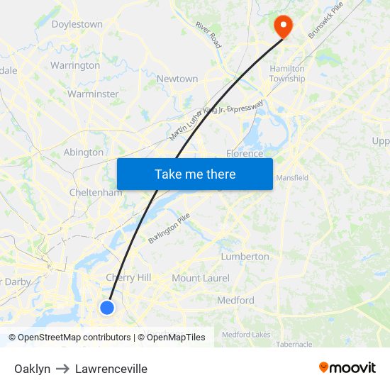 Oaklyn to Lawrenceville map