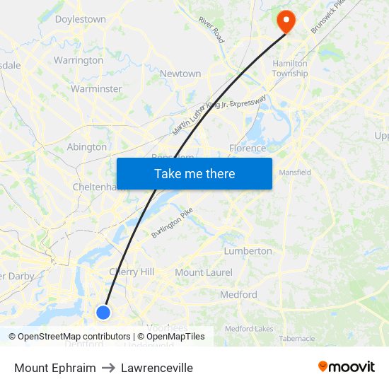 Mount Ephraim to Lawrenceville map