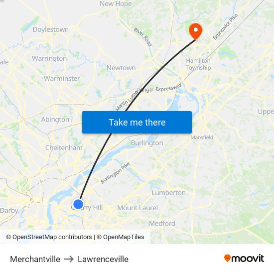 Merchantville to Lawrenceville map