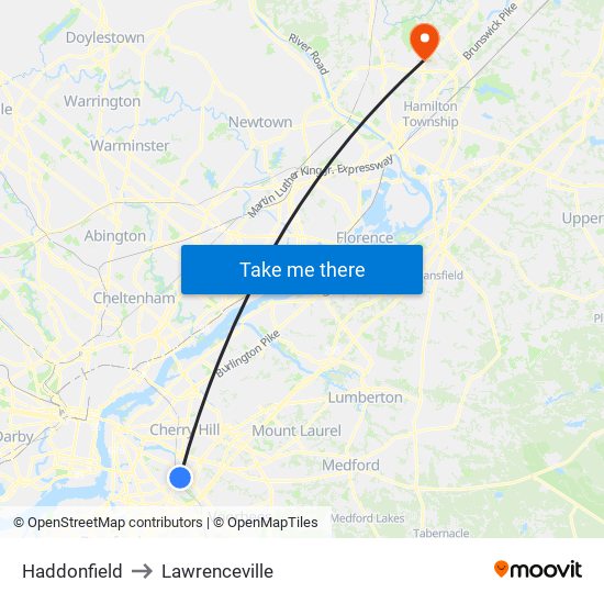 Haddonfield to Lawrenceville map