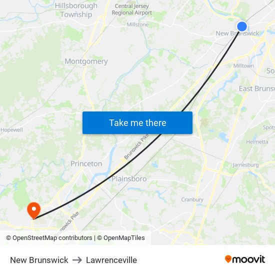 New Brunswick to Lawrenceville map