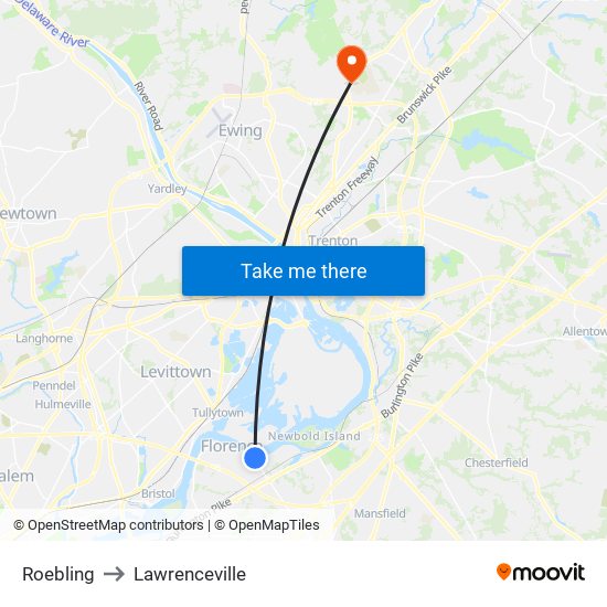 Roebling to Lawrenceville map