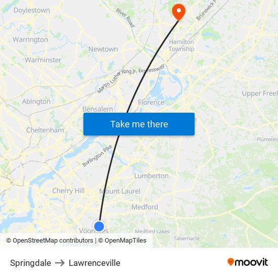 Springdale to Lawrenceville map