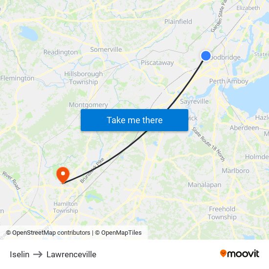 Iselin to Lawrenceville map