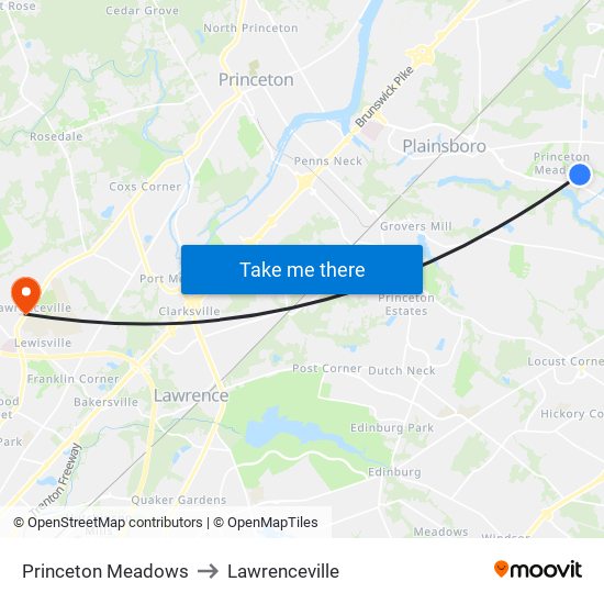 Princeton Meadows to Lawrenceville map