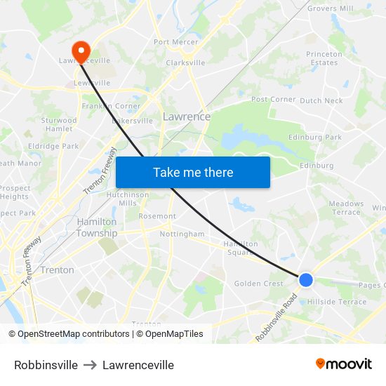 Robbinsville to Lawrenceville map