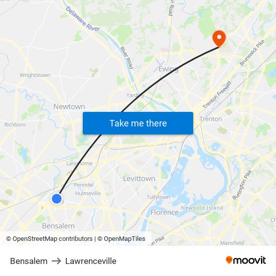 Bensalem to Lawrenceville map
