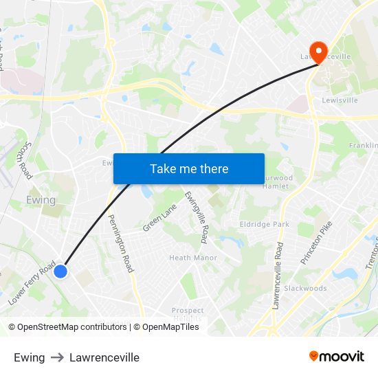 Ewing to Lawrenceville map