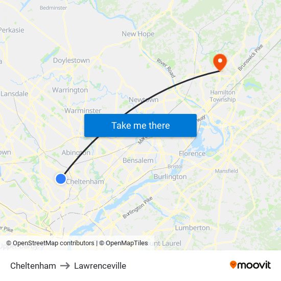 Cheltenham to Lawrenceville map