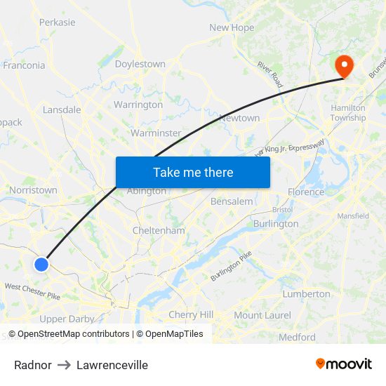 Radnor to Lawrenceville map