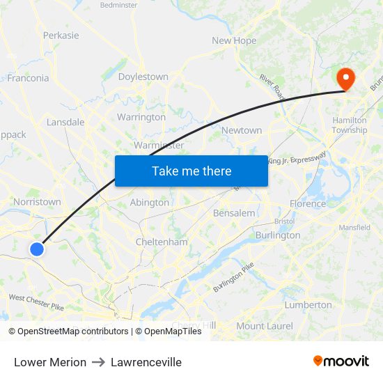 Lower Merion to Lawrenceville map