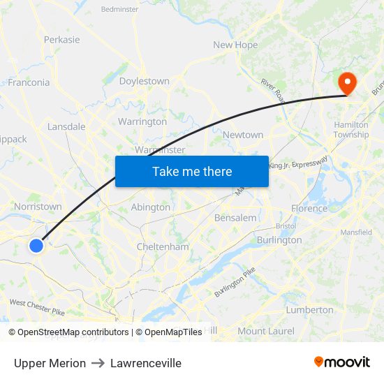 Upper Merion to Lawrenceville map