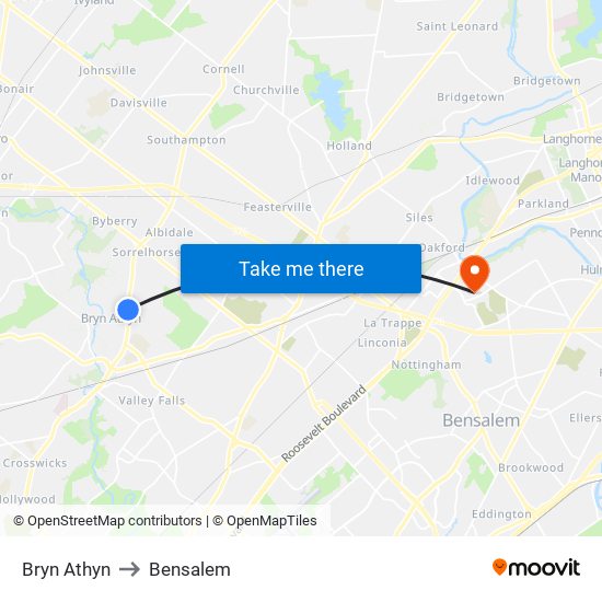 Bryn Athyn to Bensalem map