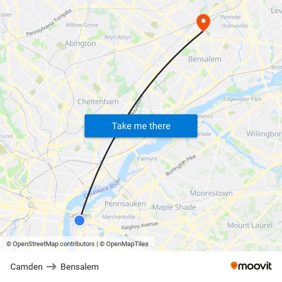 Camden to Bensalem map
