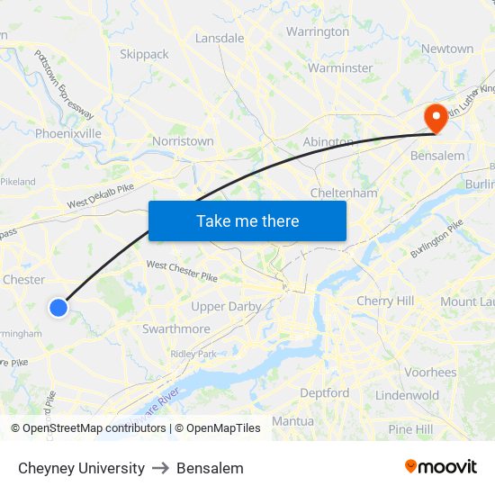 Cheyney University to Bensalem map