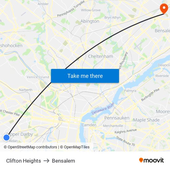 Clifton Heights to Bensalem map