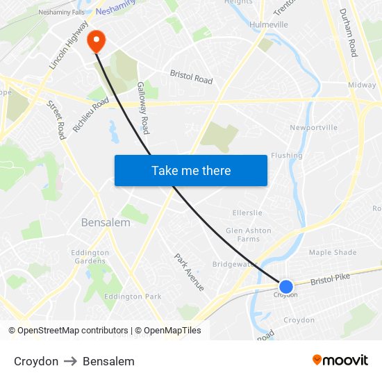 Croydon to Bensalem map
