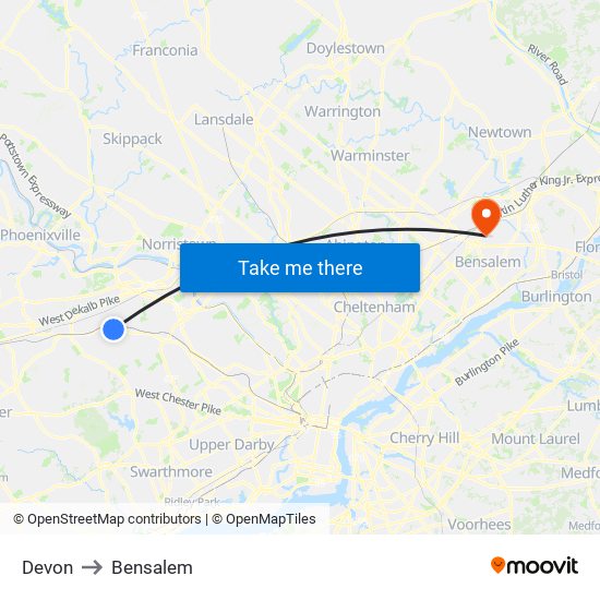 Devon to Bensalem map