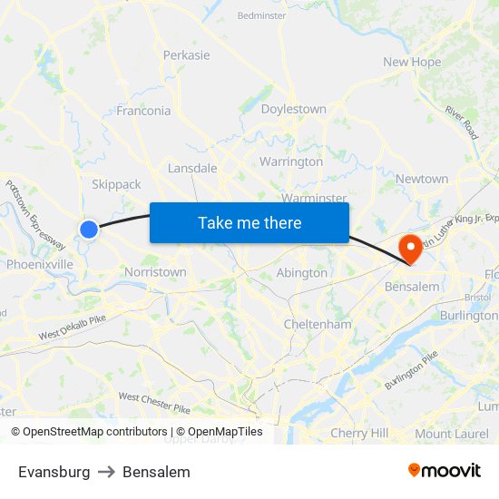 Evansburg to Bensalem map