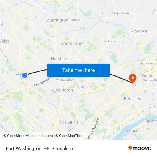 Fort Washington to Bensalem map