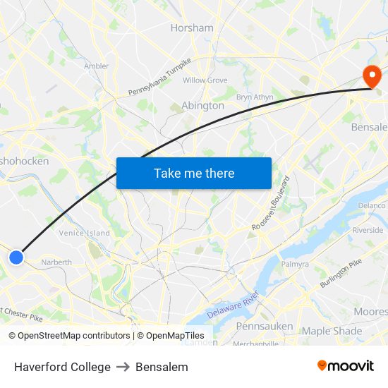 Haverford College to Bensalem map