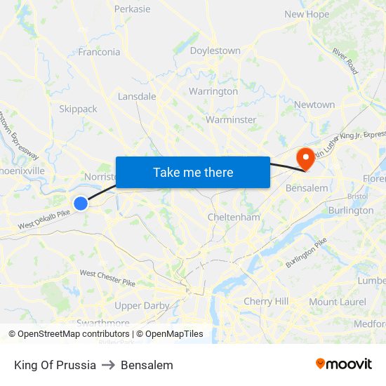 King Of Prussia to Bensalem map