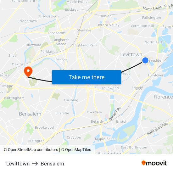 Levittown to Bensalem map