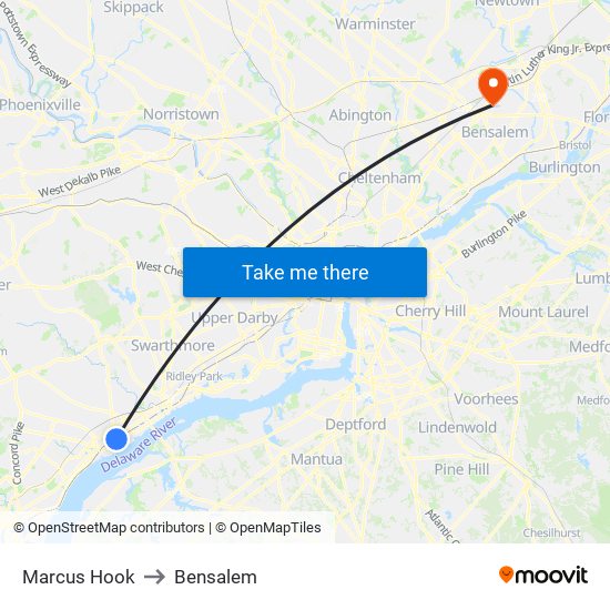 Marcus Hook to Bensalem map